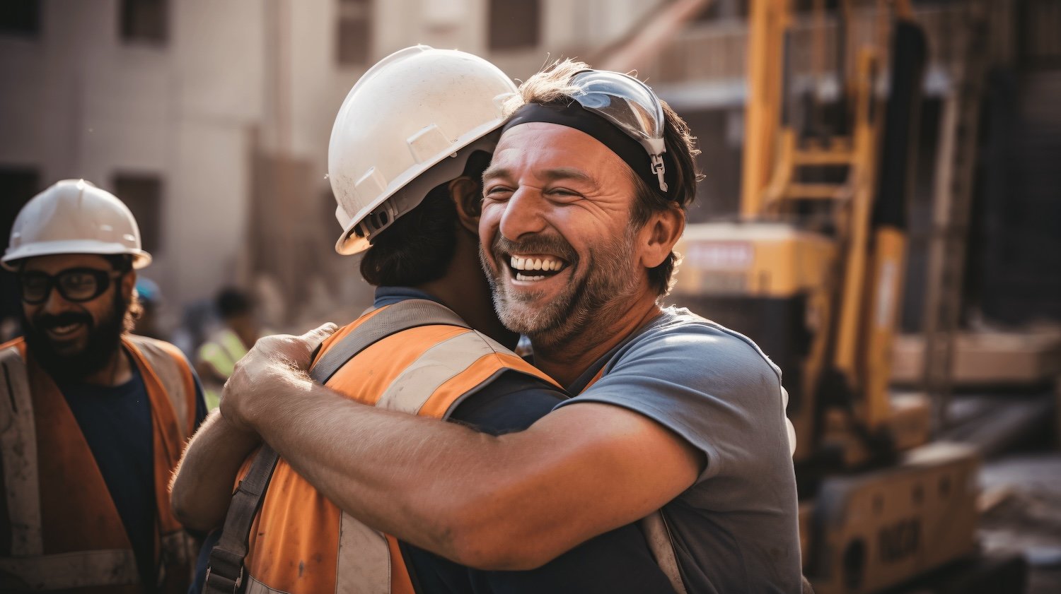 Collaborating construction workers hugging each other